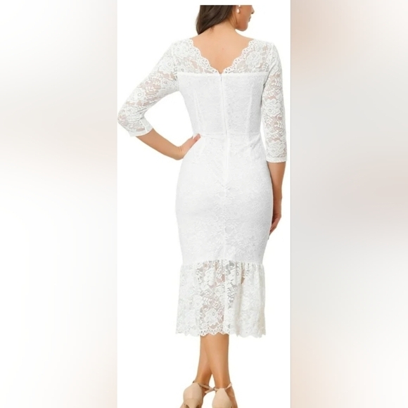 Allegra K Women's V Neck 3/4 Sleeve Lace Ruffle Bodycon Dress sz XS WHITE - Picture 3 of 8